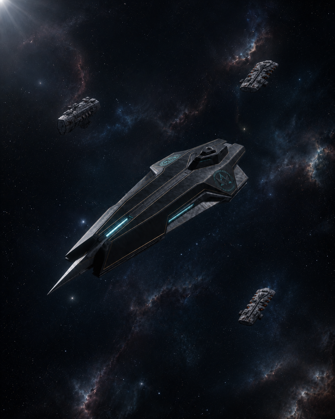 UGA Ascendant under escort by three Iverson-class gunships