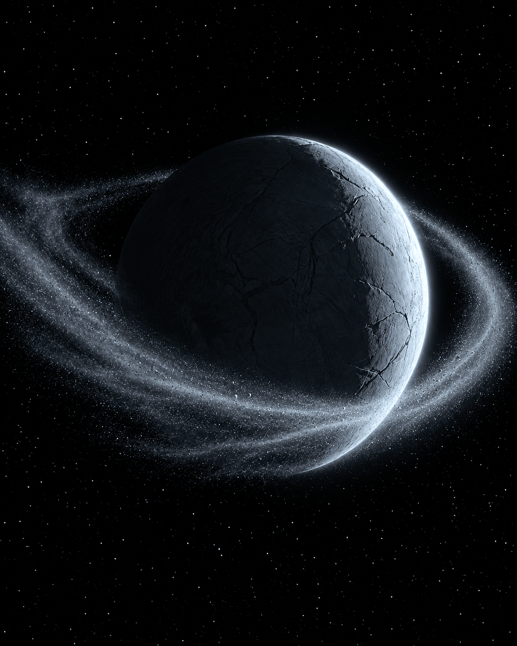 Cryonix II — ice-covered world with a trailing dust band