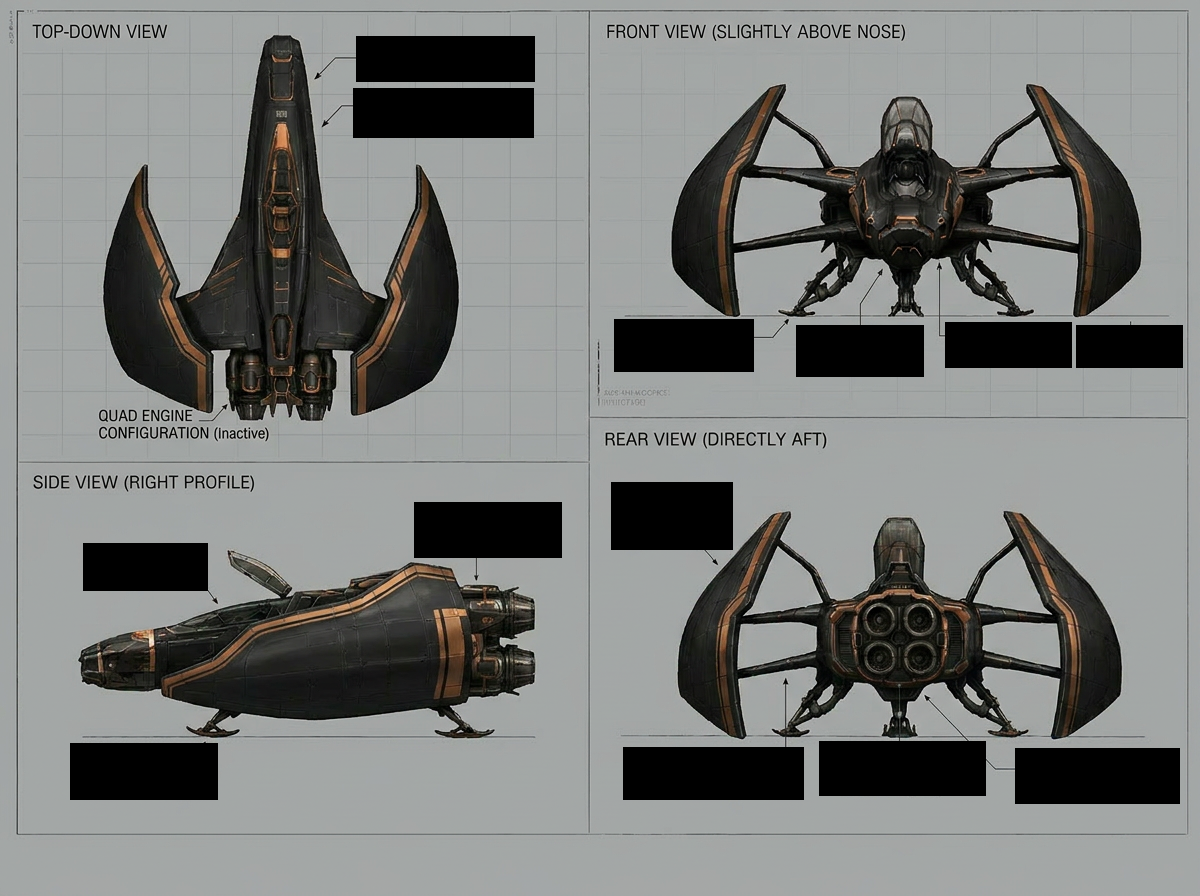 Excalibur-class apex heavy assault fighter — top, front, side, and rear views, component annotations withheld