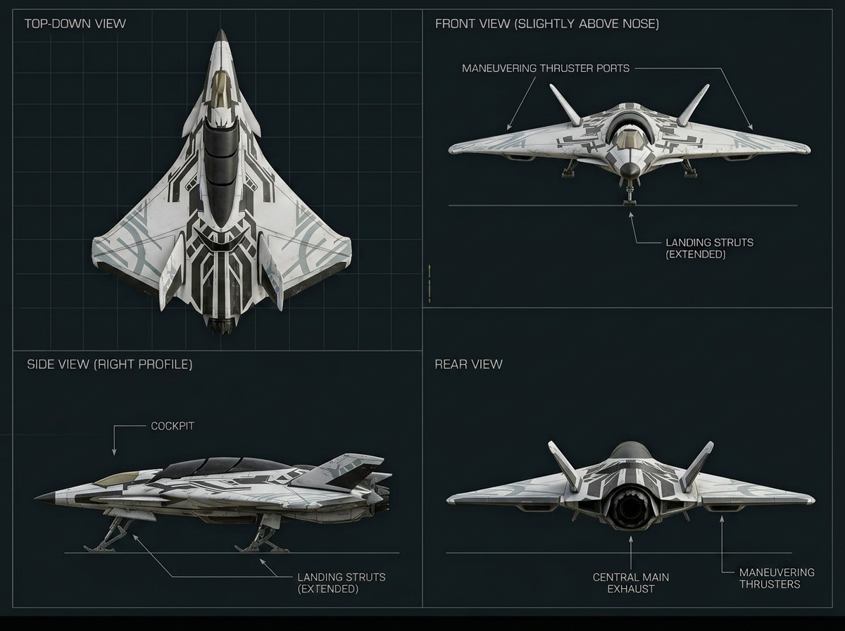 Gladius-class interceptor — top, front, side, and rear views