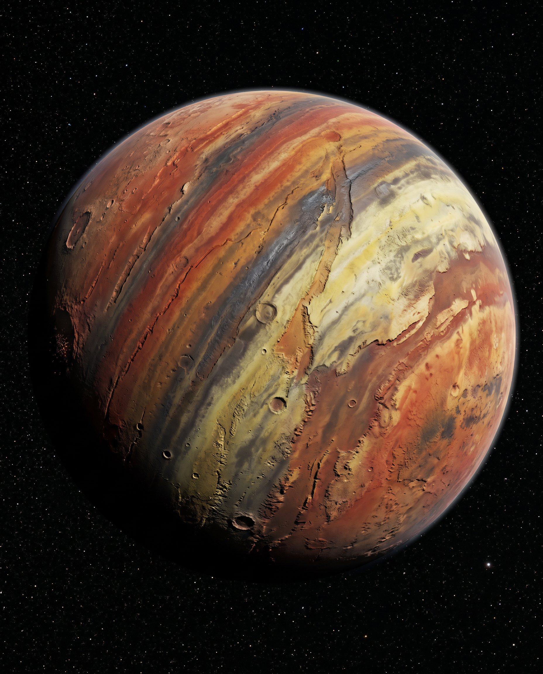 Kestrin — airless banded mineral world, orbital view