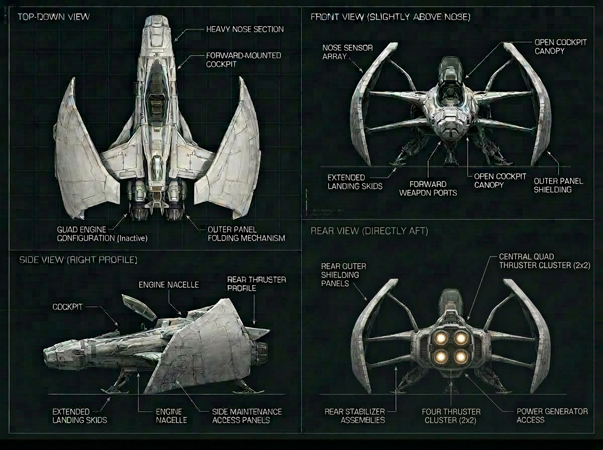 Longsword-class heavy strike fighter — top, front, side, and rear views