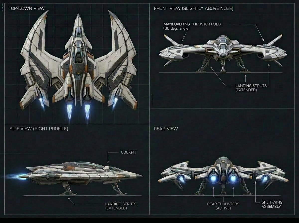 Scimitar-class strike fighter — top, front, side, and rear views